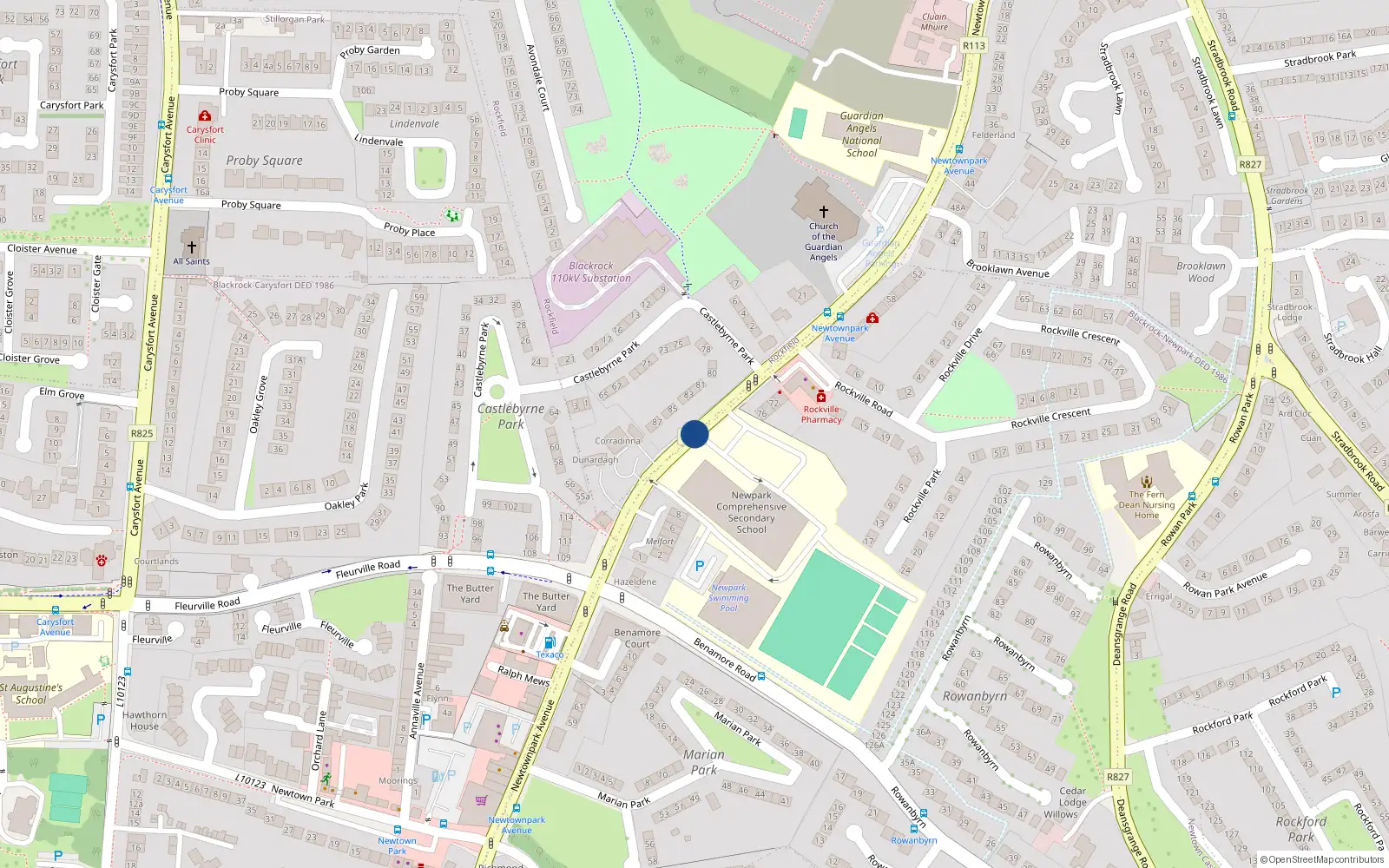 Overhead map showing the location of Newtownpark Avenue, Rockfield