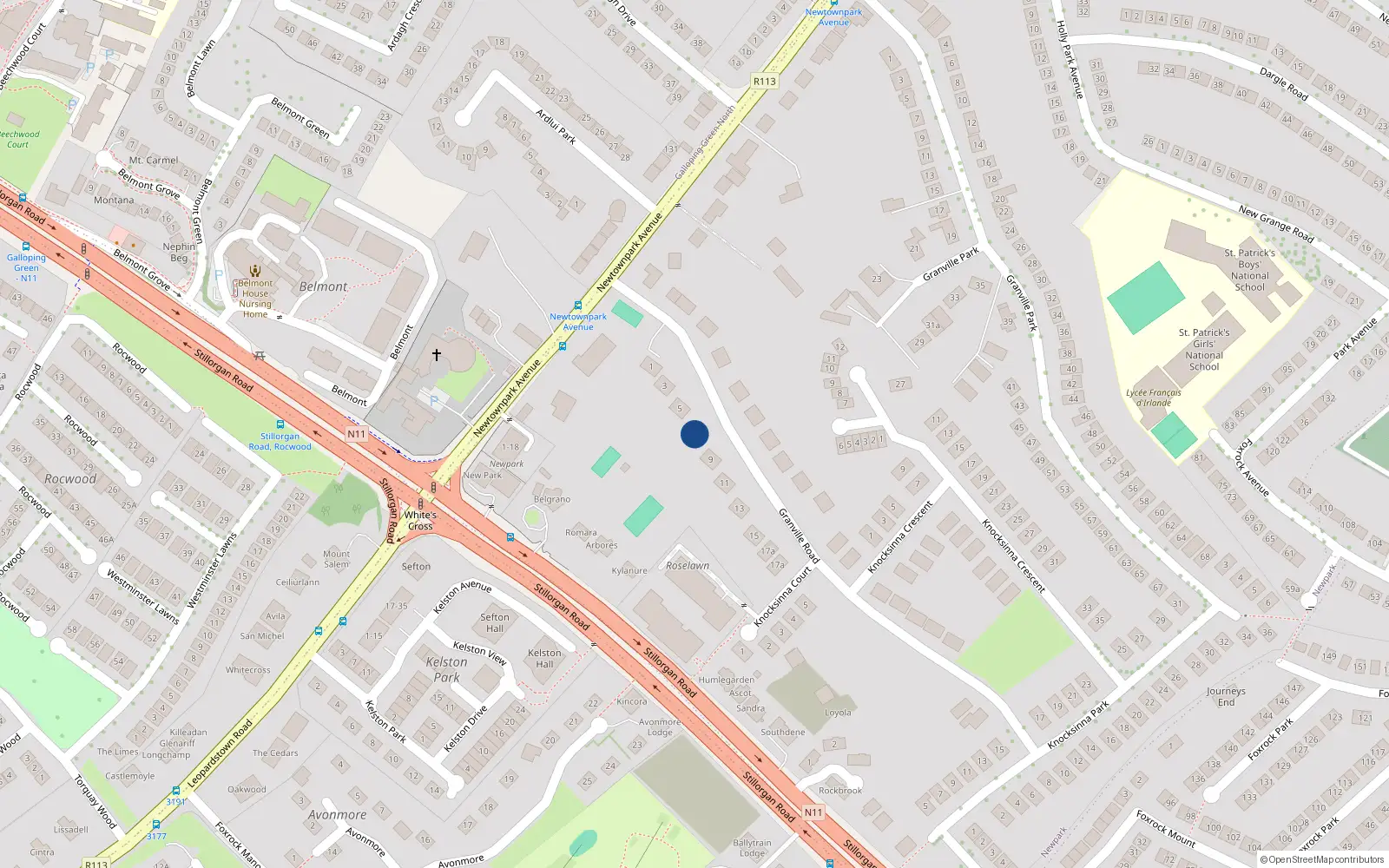 Overhead map showing the location of 7 Granville Road, Blackrock