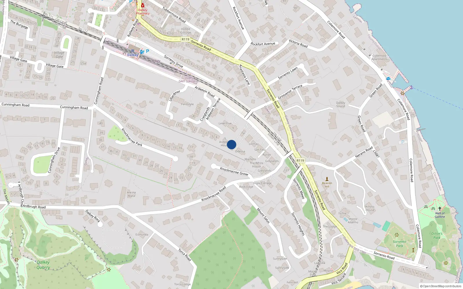 Overhead map showing the location of 7 Ardeevin Road, Dalkey