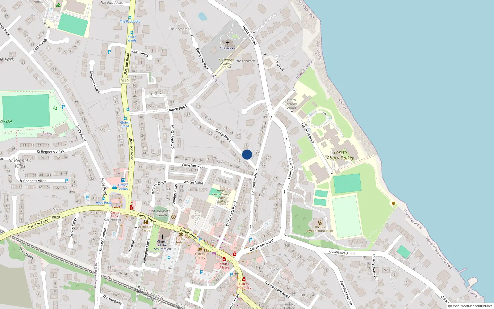 Overhead map showing the location of 4 Corrig Road, Dalkey