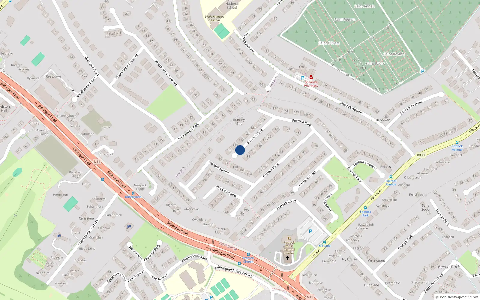 Overhead map showing the location of 133 Foxrock Park, Foxrock
