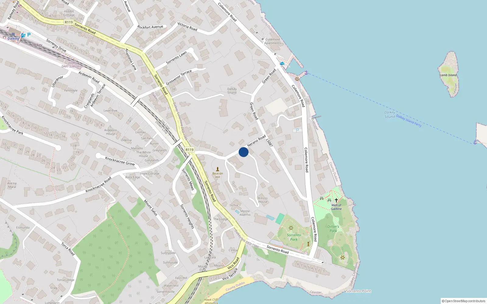 Overhead map showing the location of Nerano Road, Dalkey