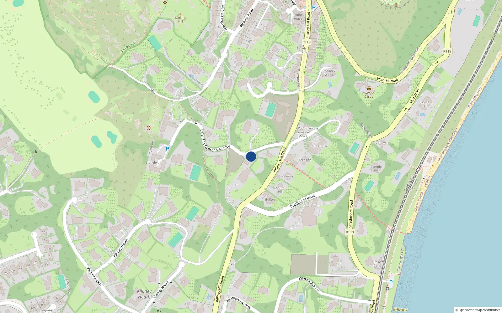 Overhead map showing the location of Kilda Lodge, St Georges Avenue, Killiney