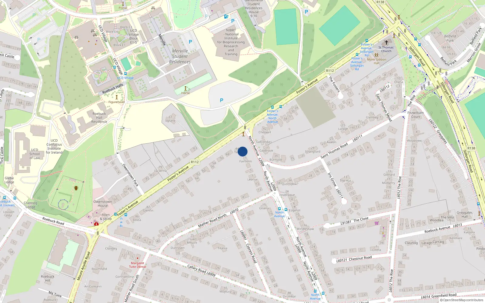 Overhead map showing the location of 44A Foster Avenue, Blackrock