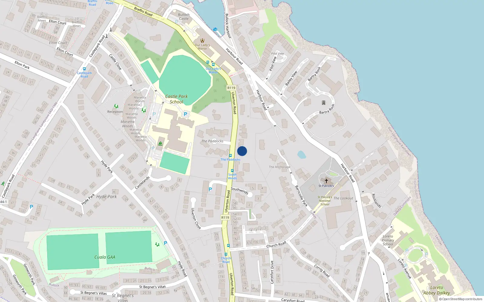 Overhead map showing the location of Ulverton Road, Dalkey
