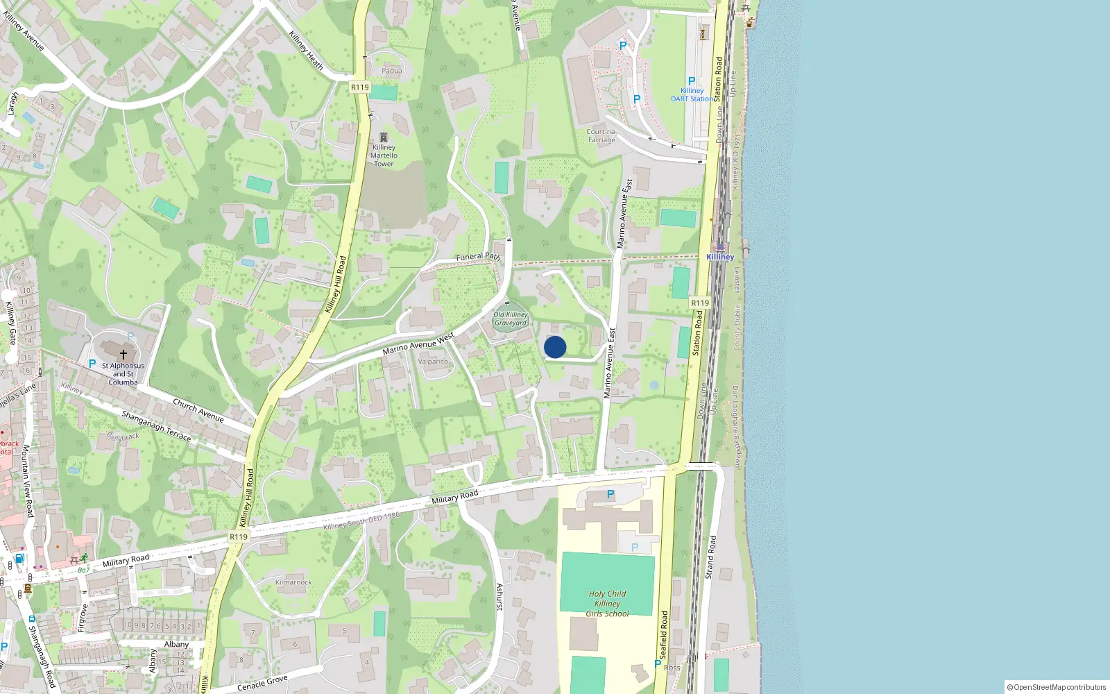 Overhead map showing the location of Marino Avenue East, Killiney