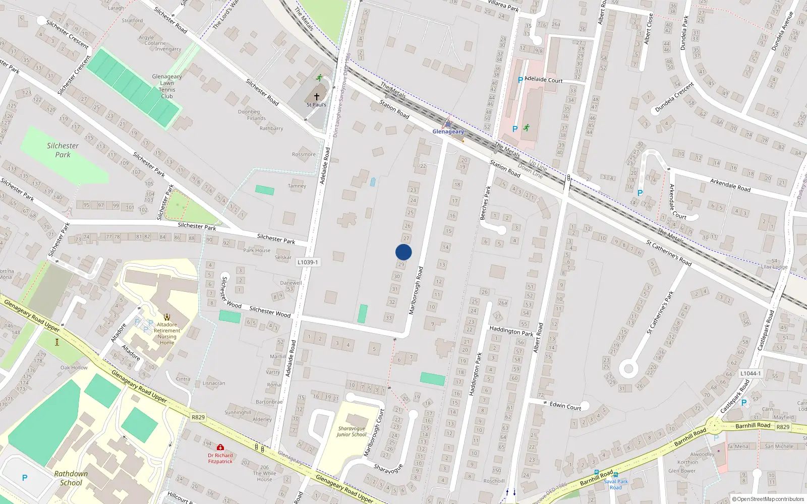 Overhead map showing the location of 28 Marlborough Road, Glenageary