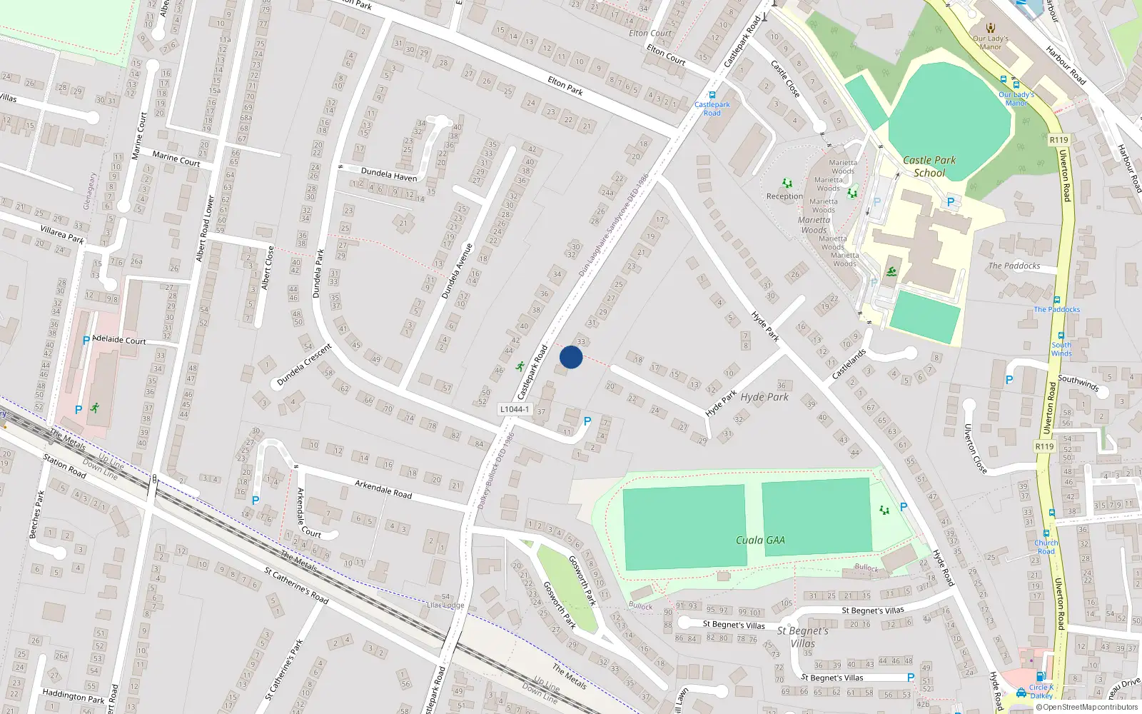Overhead map showing the location of Killeen, 35 Castlepark Road, Sandycove