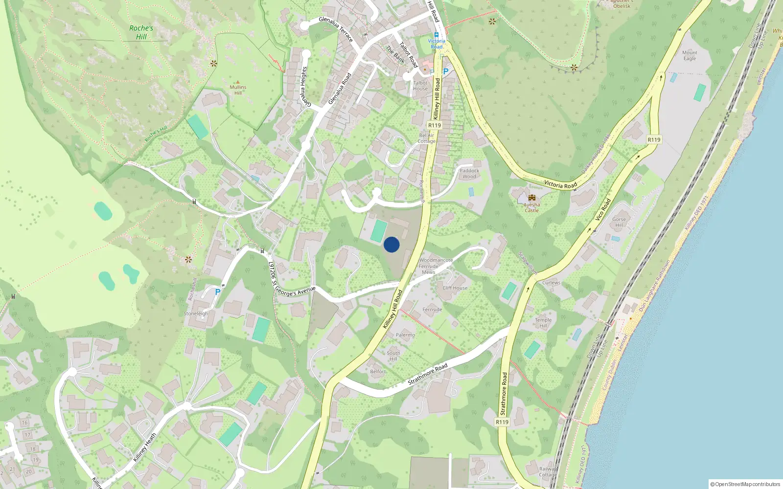 Overhead map showing the location of Killiney Hill Road, Killiney