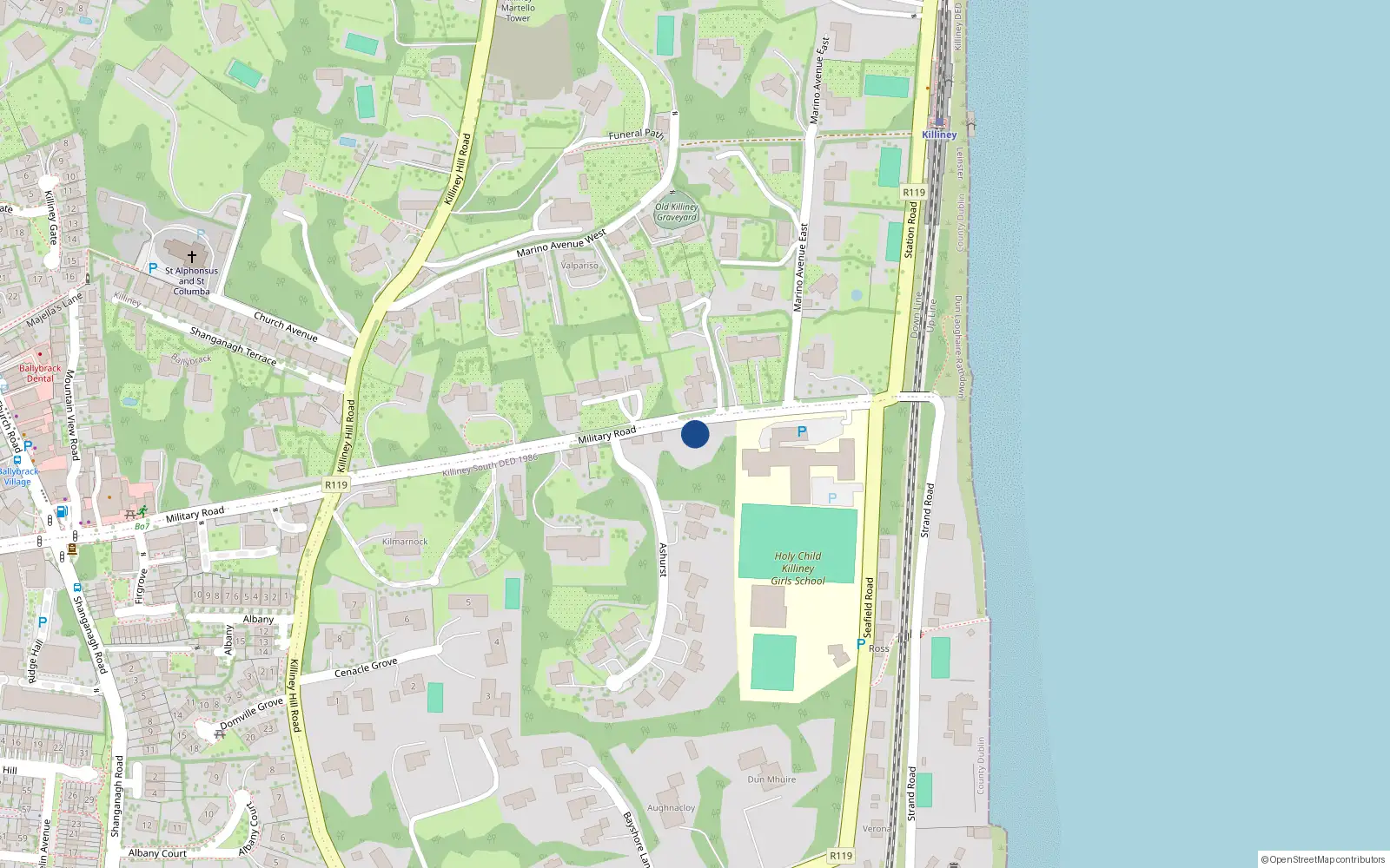 Overhead map showing the location of Military Road, Killiney
