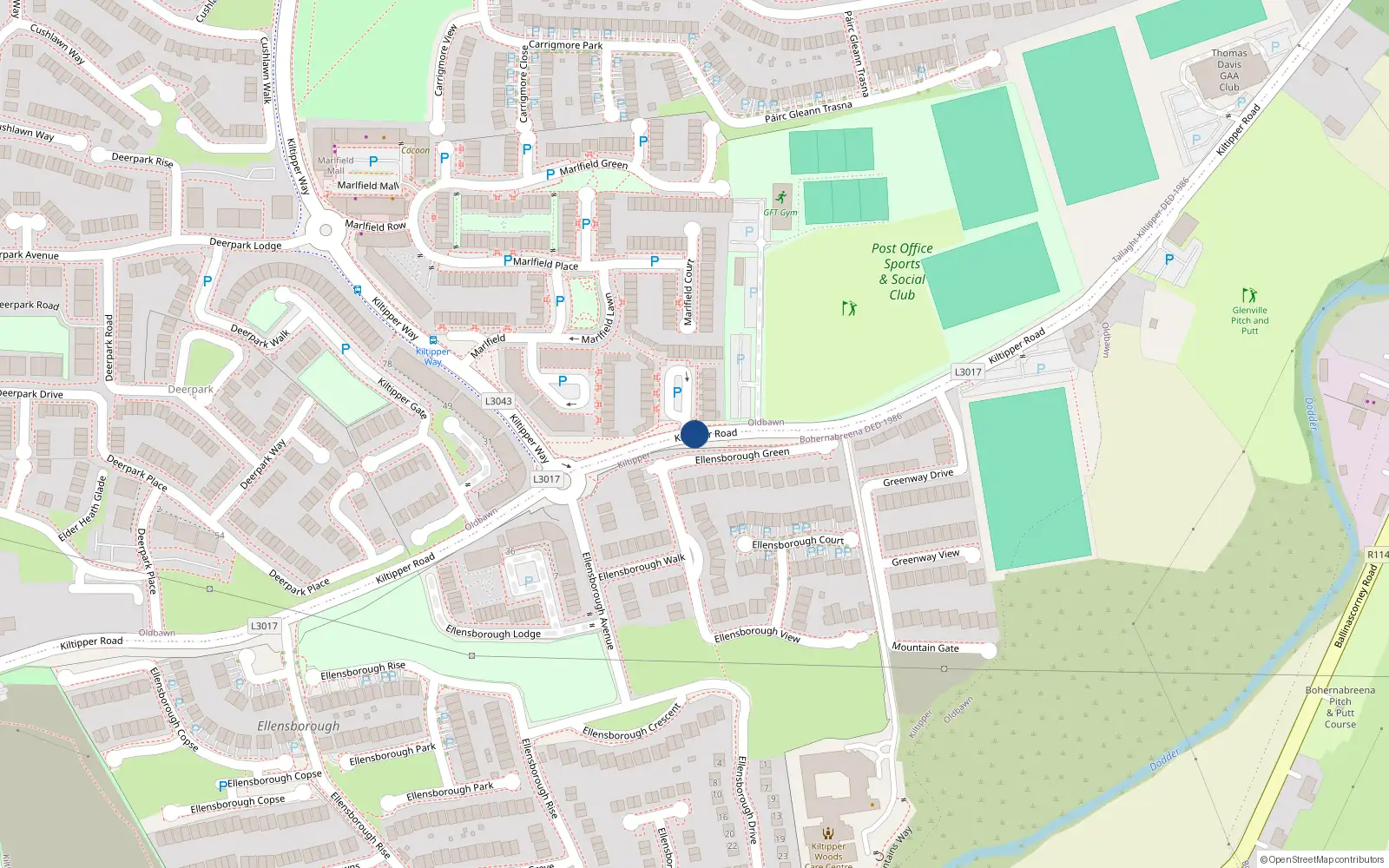 Overhead map showing the location of Kiltipper Road, Tallaght
