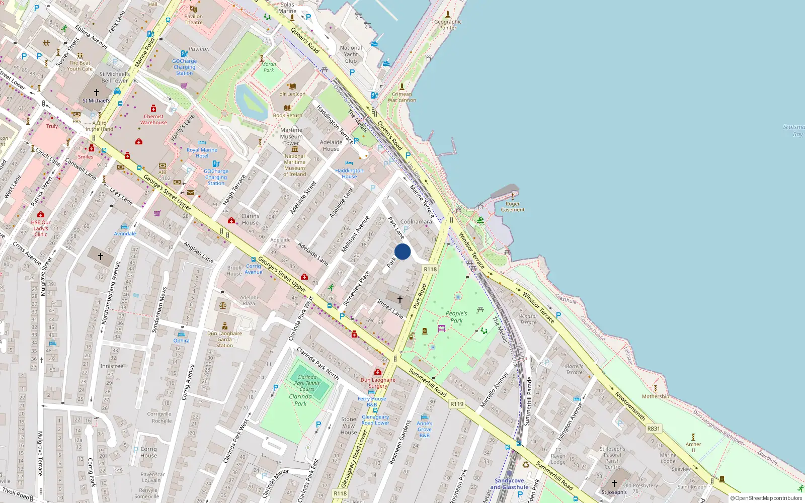 Overhead map showing the location of Dún Laoghaire, Dublin, Co. Dublin