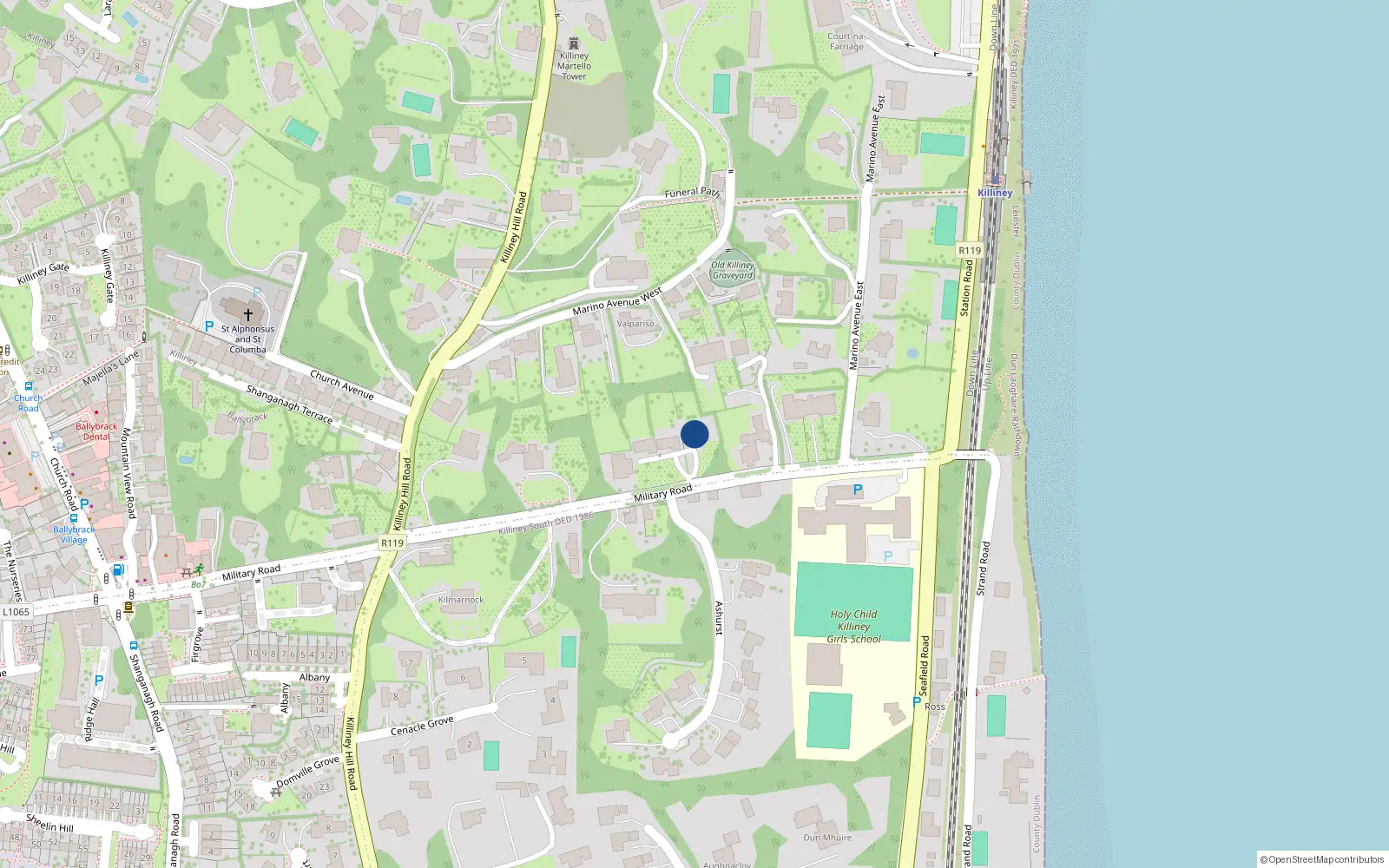 Overhead map showing the location of Military Road, Killiney