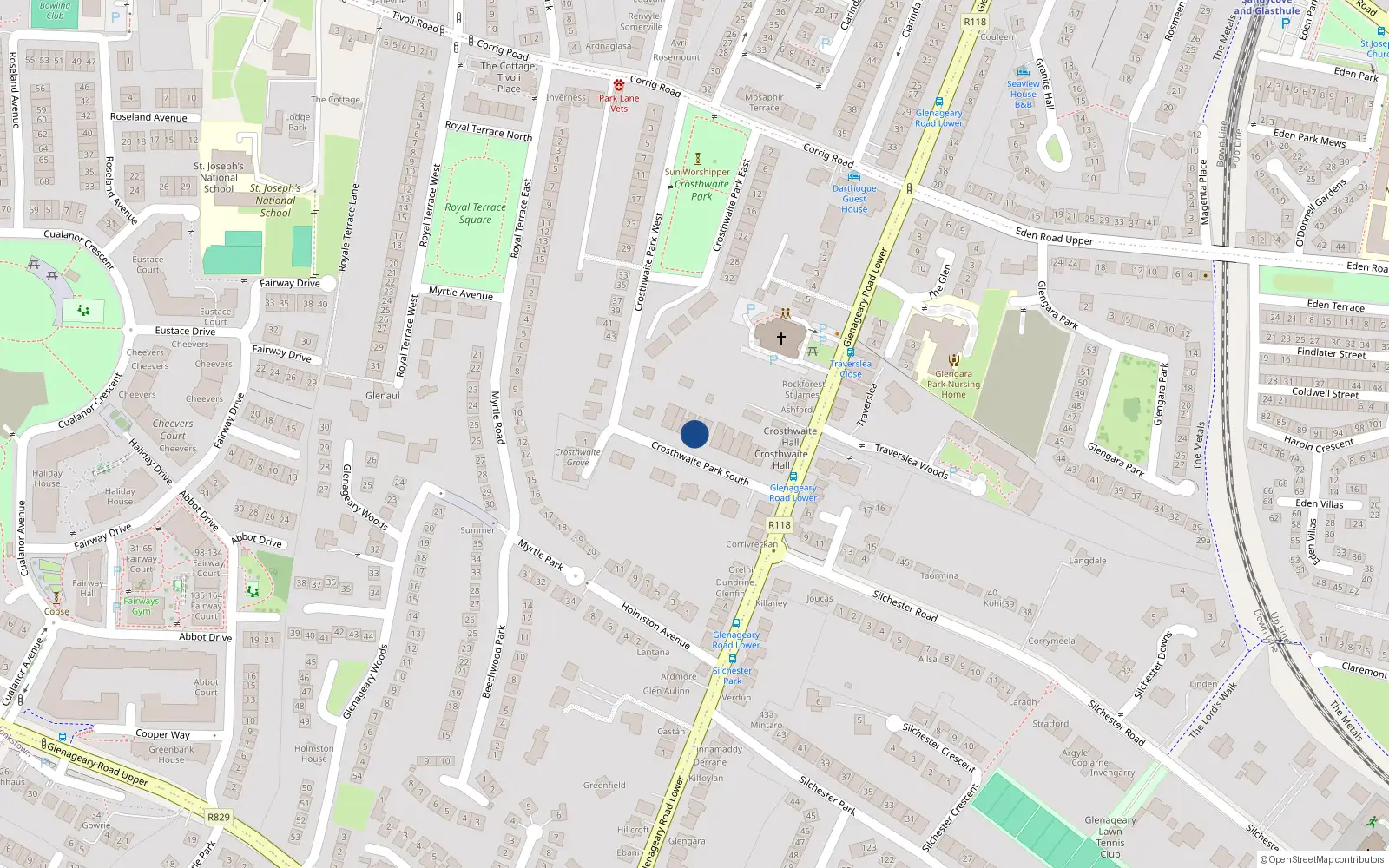 Overhead map showing the location of Kish View, 14 Crosthwaite Park South, Dun Laoghaire