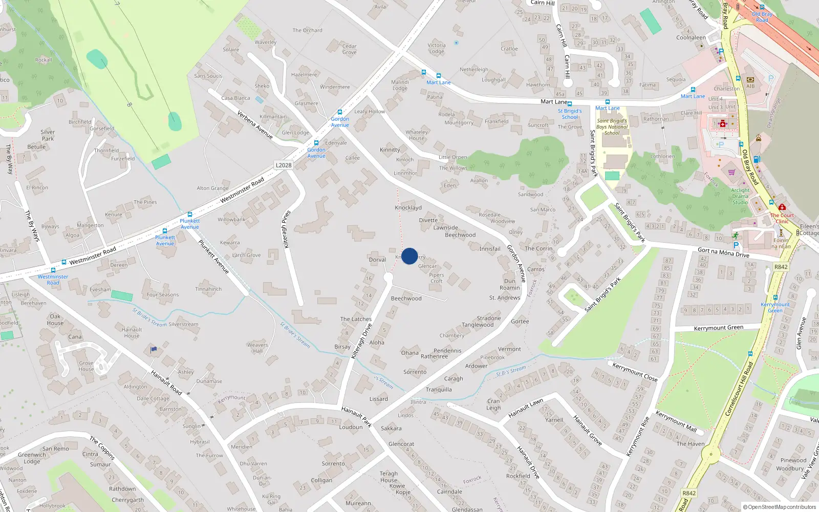 Overhead map showing the location of Kilteragh Drive, Dublin 18