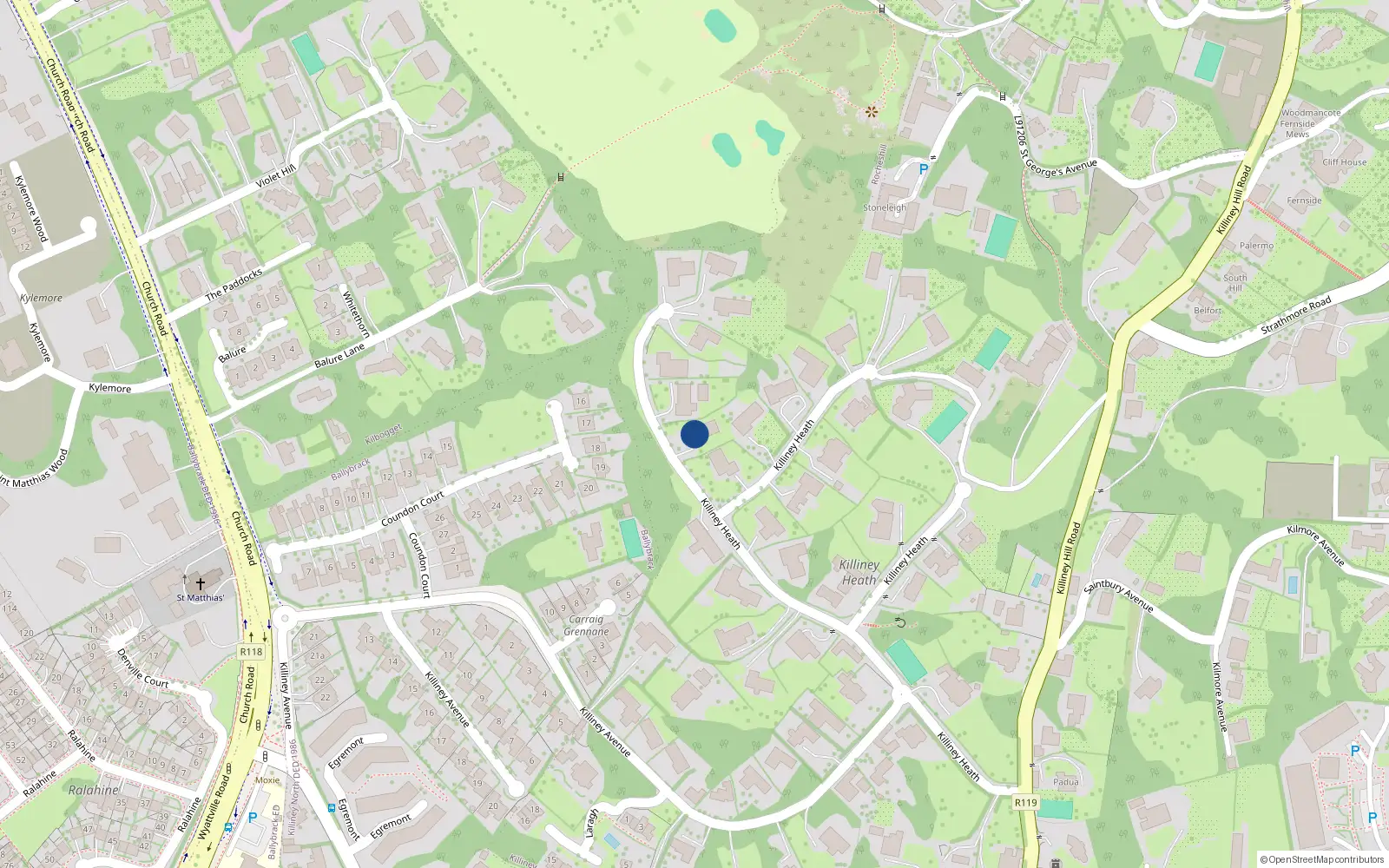 Overhead map showing the location of Knockatana, 14 Killiney Heath, Killiney