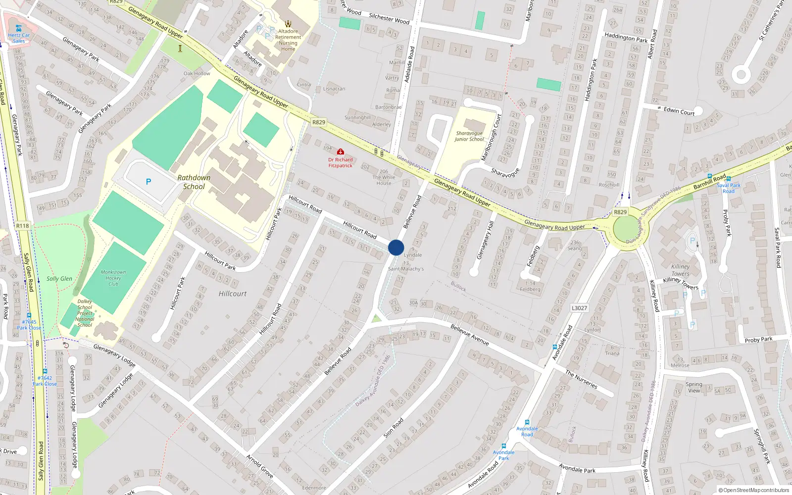 Overhead map showing the location of Bellevue Road, Glenageary