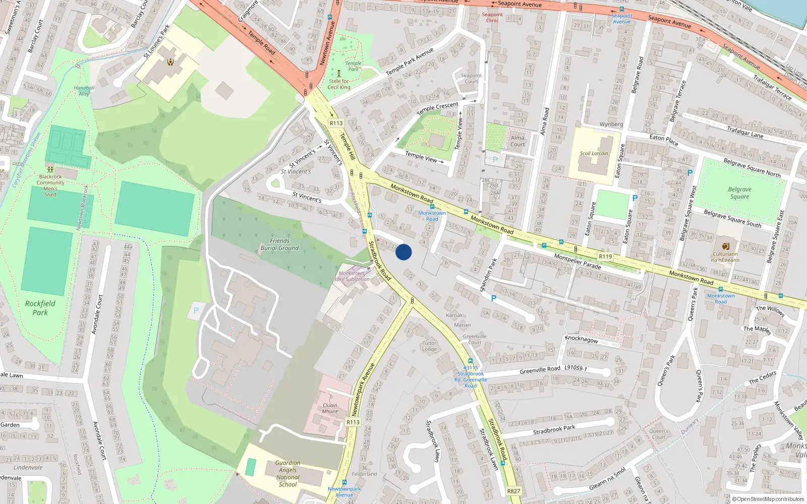Overhead map showing the location of 3A Montpelier Place, Monkstown