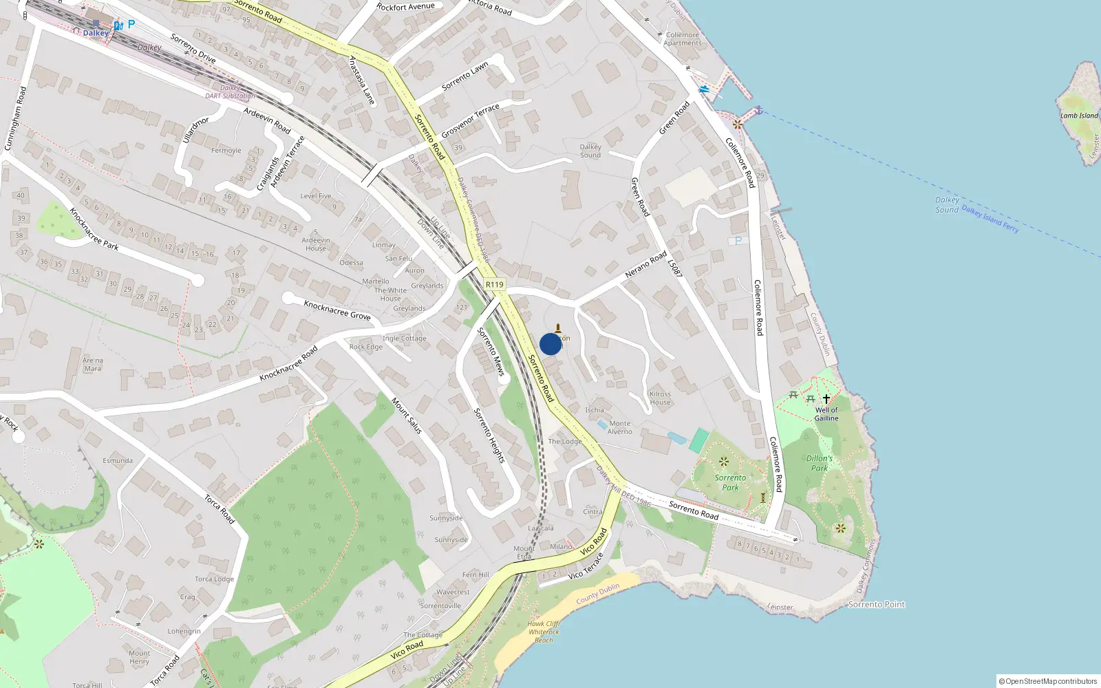 Overhead map showing the location of 53 Sorrento Road, Dalkey
