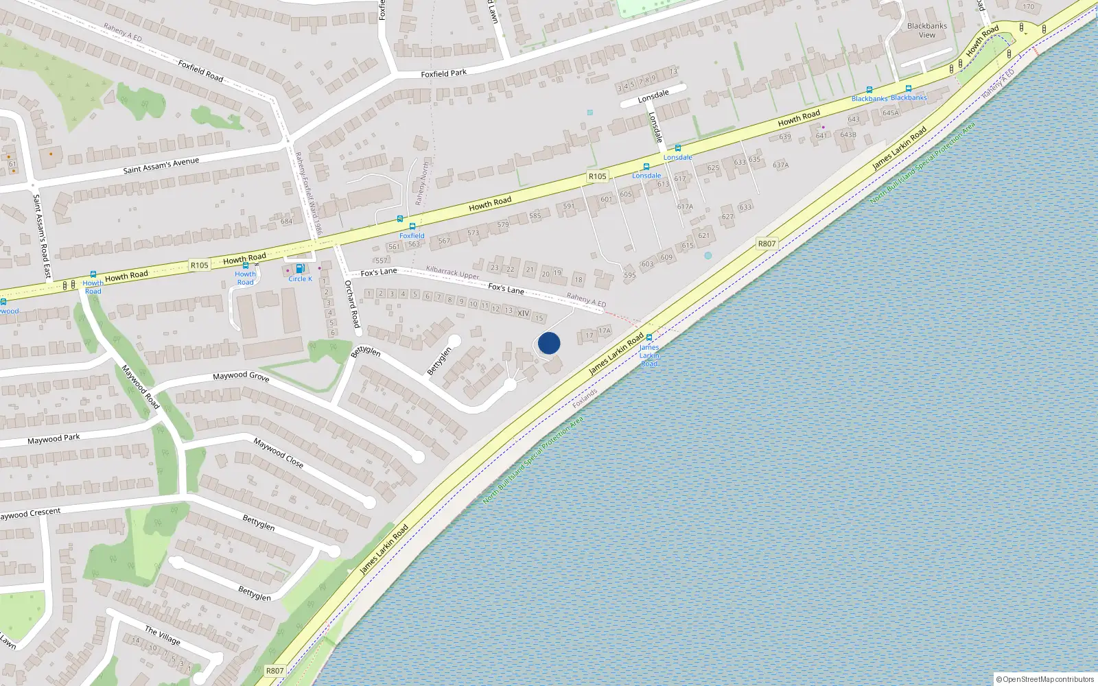 Overhead map showing the location of Kylemore, 16 Foxes Lane, Raheny