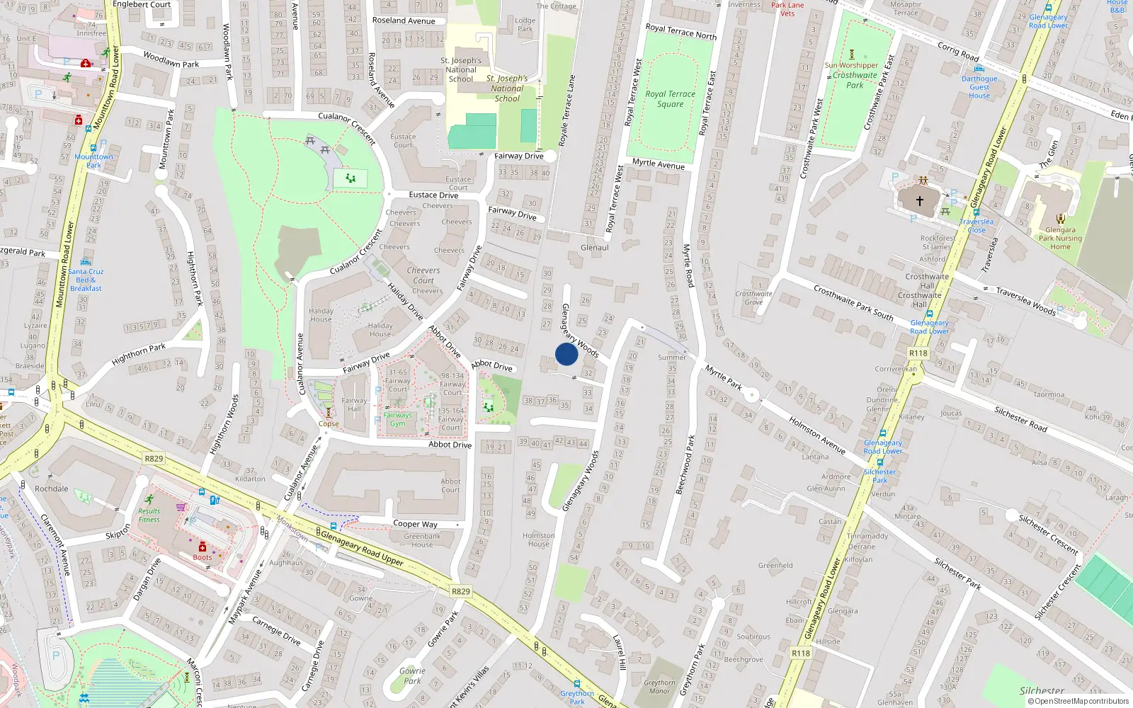 Overhead map showing the location of Monkstown, Dublin, Co. Dublin