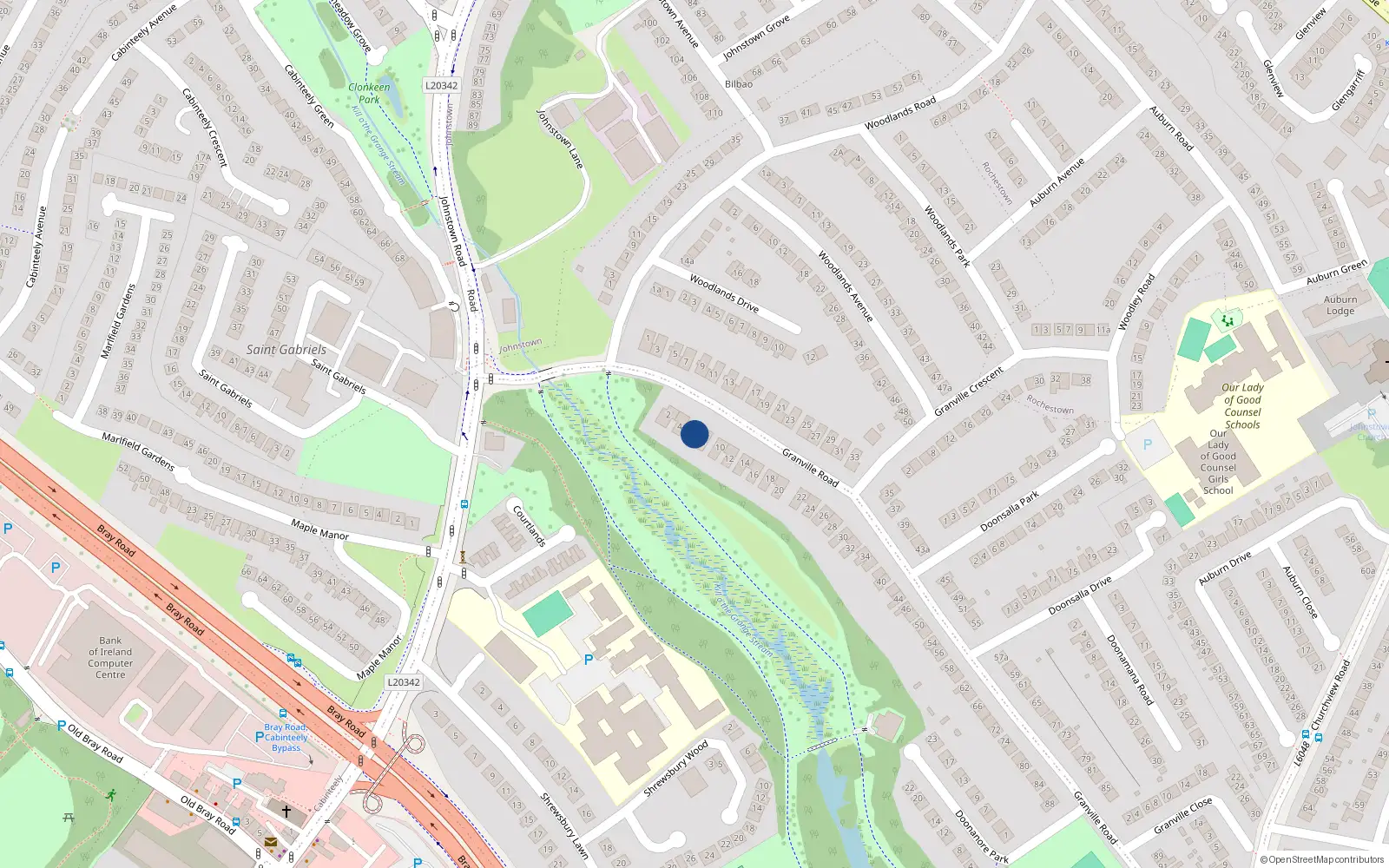 Overhead map showing the location of 6 Granville Road, Blackrock