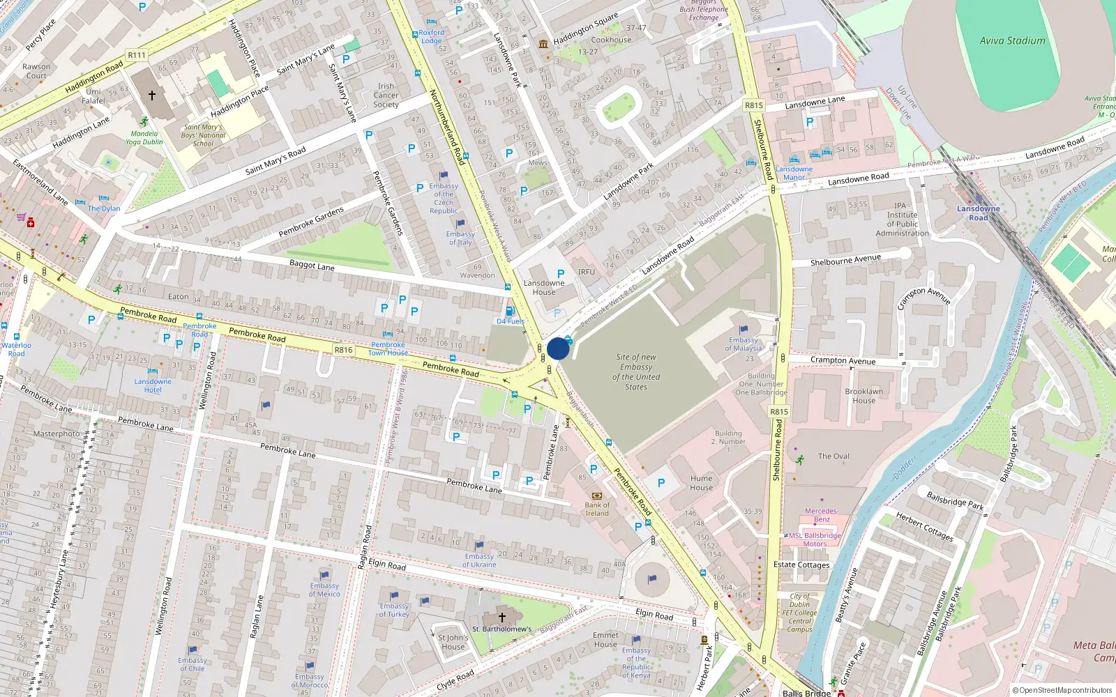 Overhead map showing the location of Lansdowne Road, Ballsbridge Dublin 4