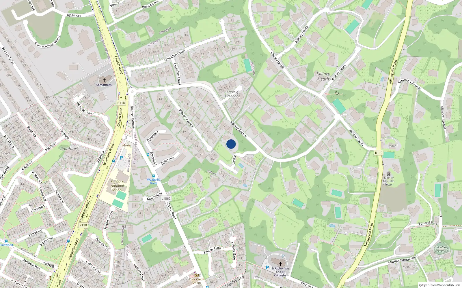Overhead map showing the location of Killiney Avenue, Dublin