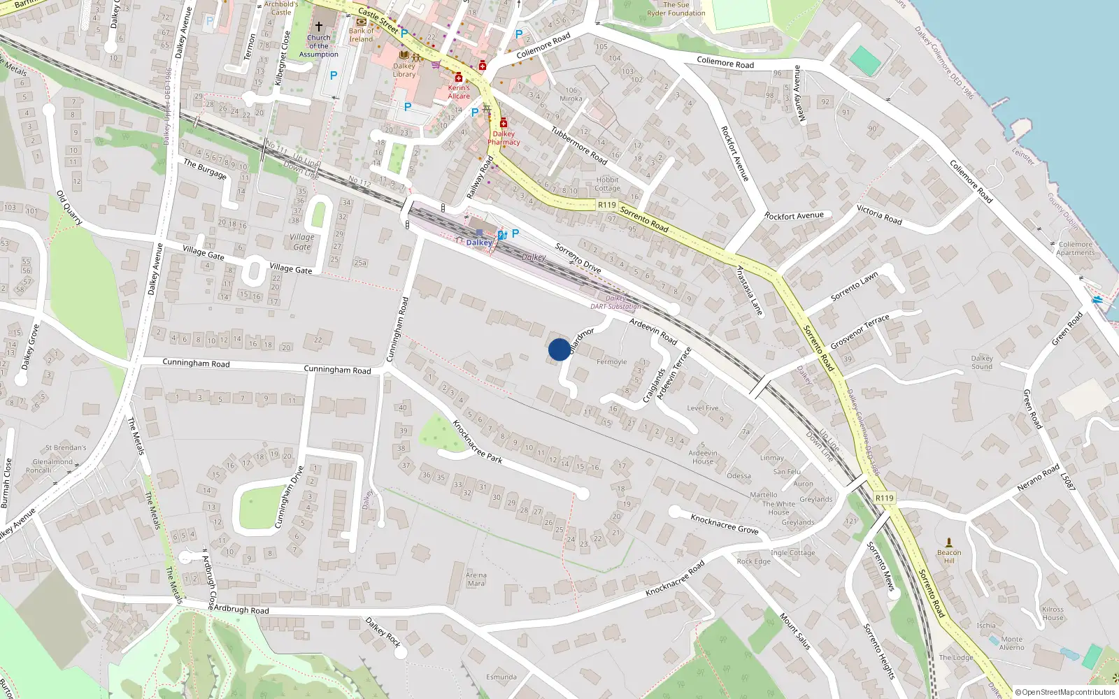 Overhead map showing the location of Laragh Mews, Ardeevin Road, Dalkey