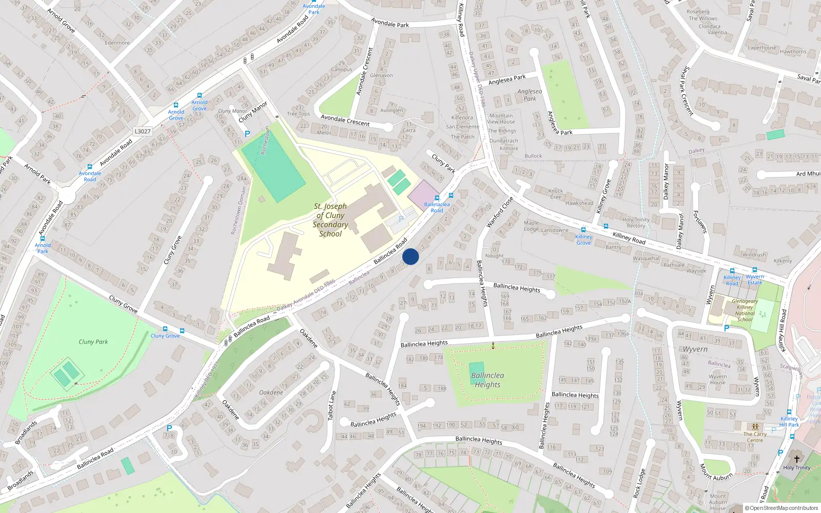 Overhead map showing the location of Lark Hill, 6 Ballinclea Road, Killiney