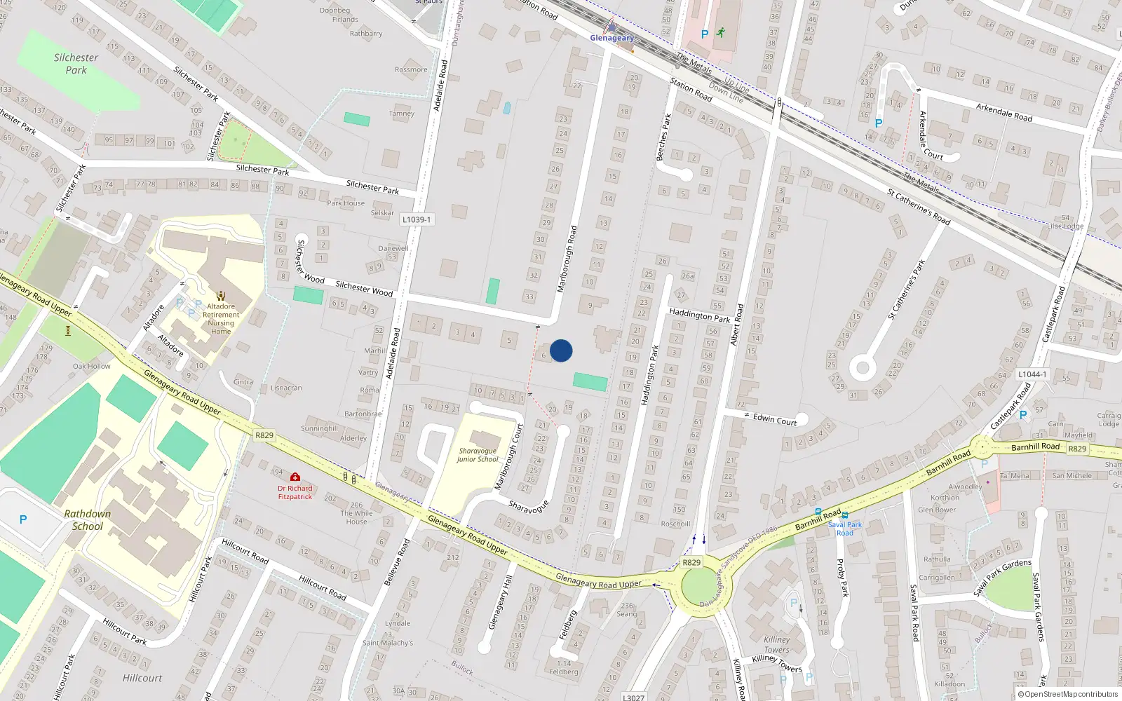 Overhead map showing the location of 7 Marlborough Road, Glenageary