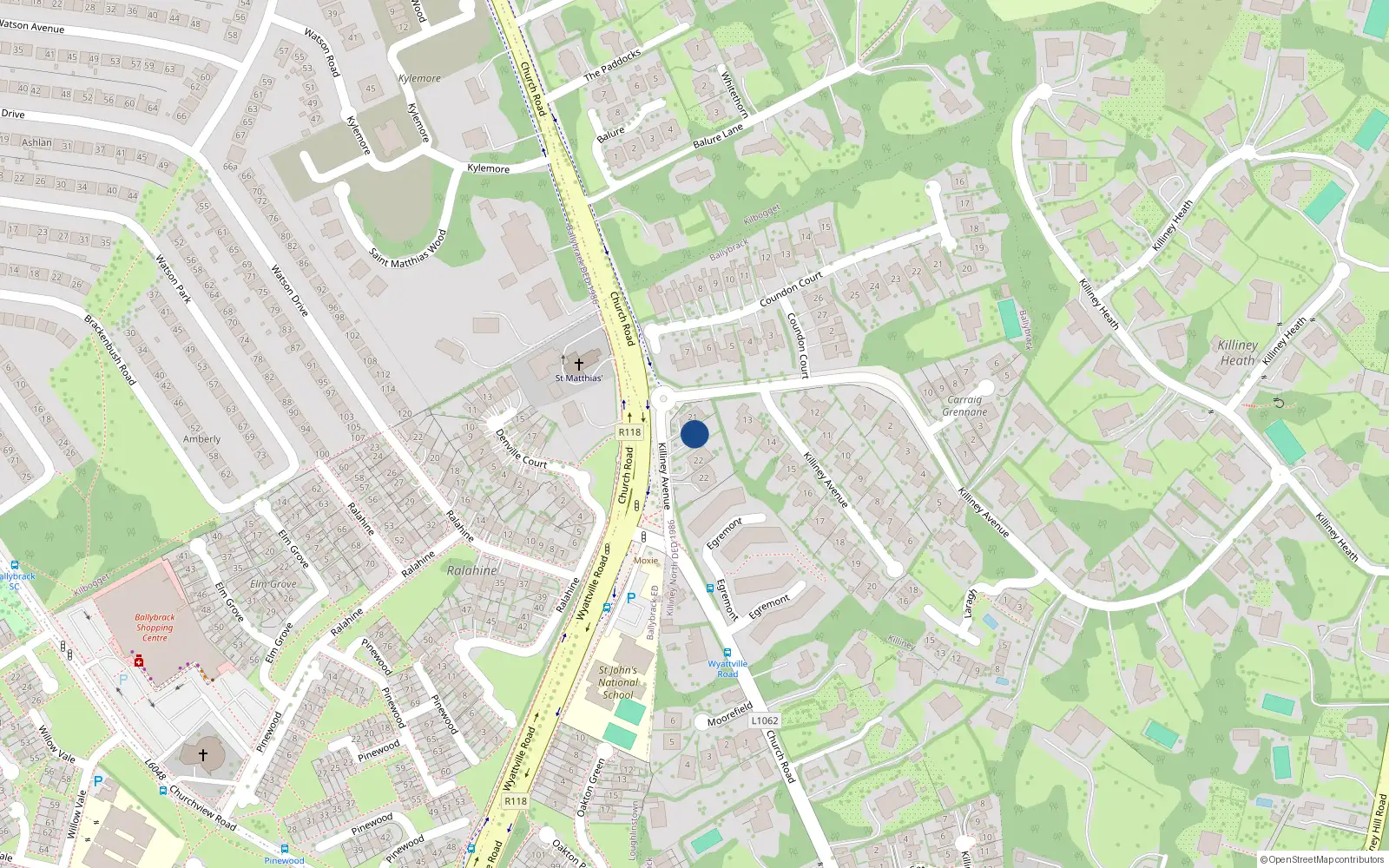Overhead map showing the location of Latton, 21 Killiney Avenue, Killiney