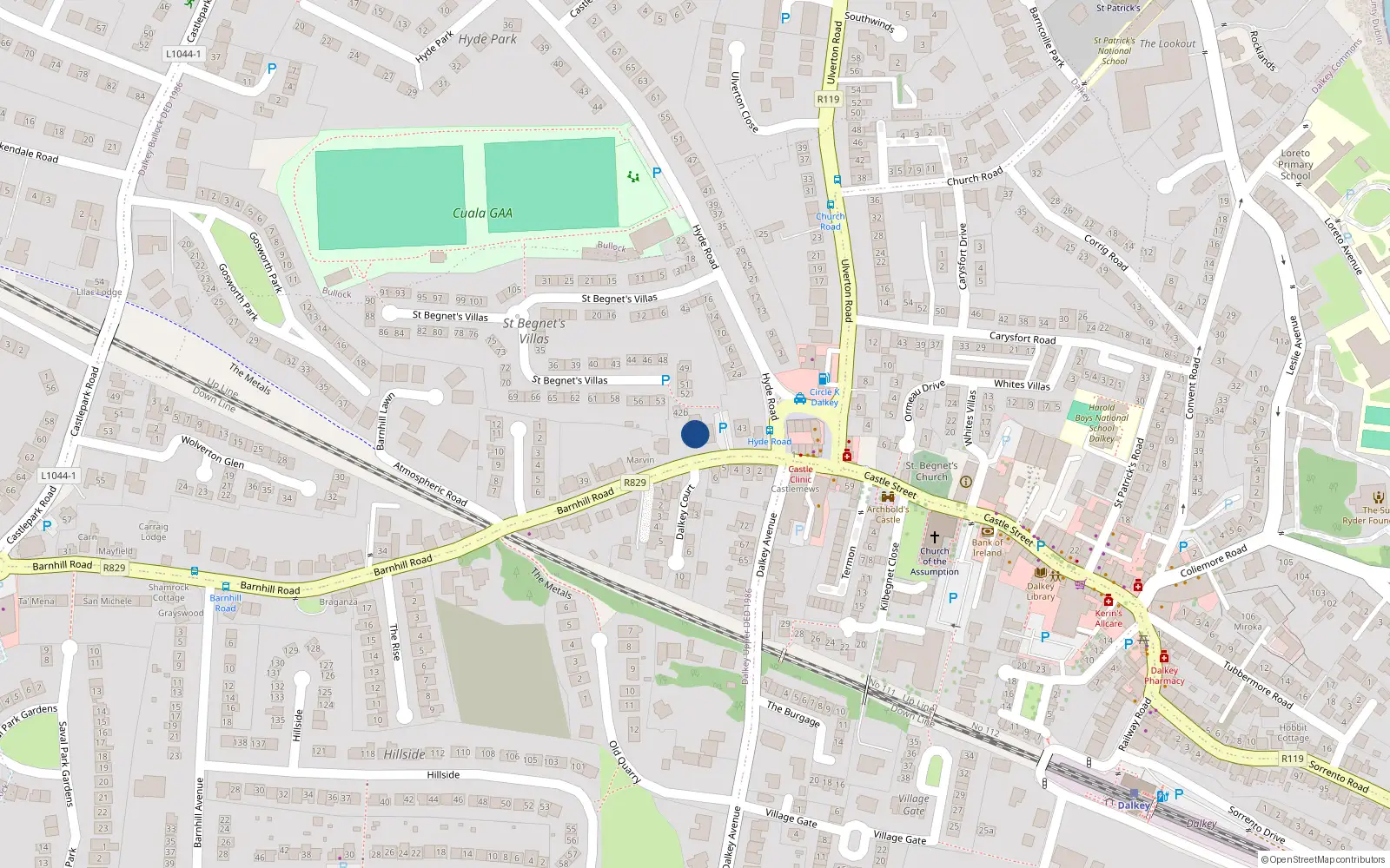 Overhead map showing the location of 42 Barnhill Road, Dalkey