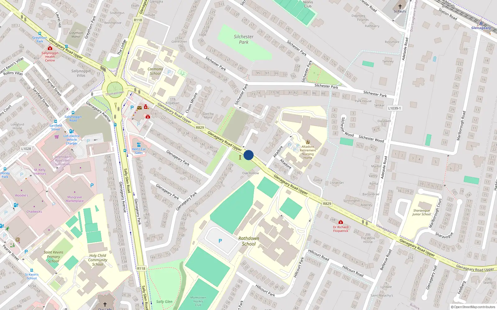 Overhead map showing the location of Glenageary Road Upper, Glenageary