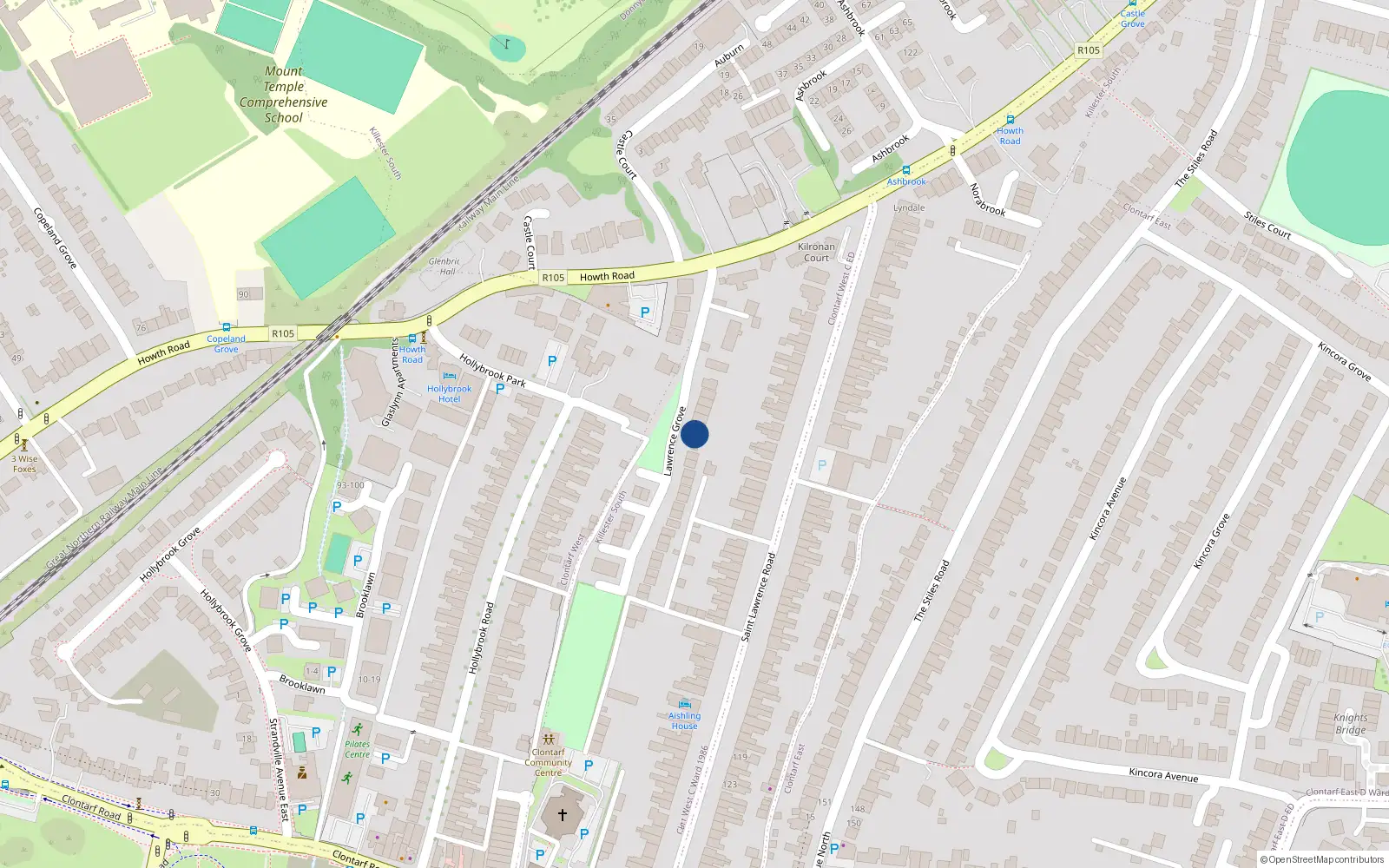 Overhead map showing the location of Lawrence Grove, Clontarf, Dublin 3, D03 Ef62