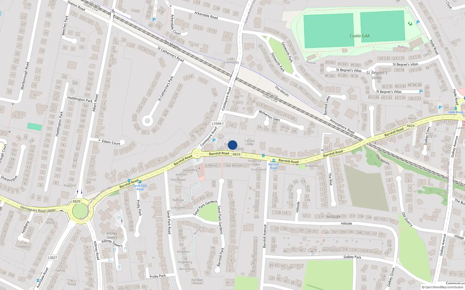 Overhead map showing the location of Barnhill Road, Dalkey