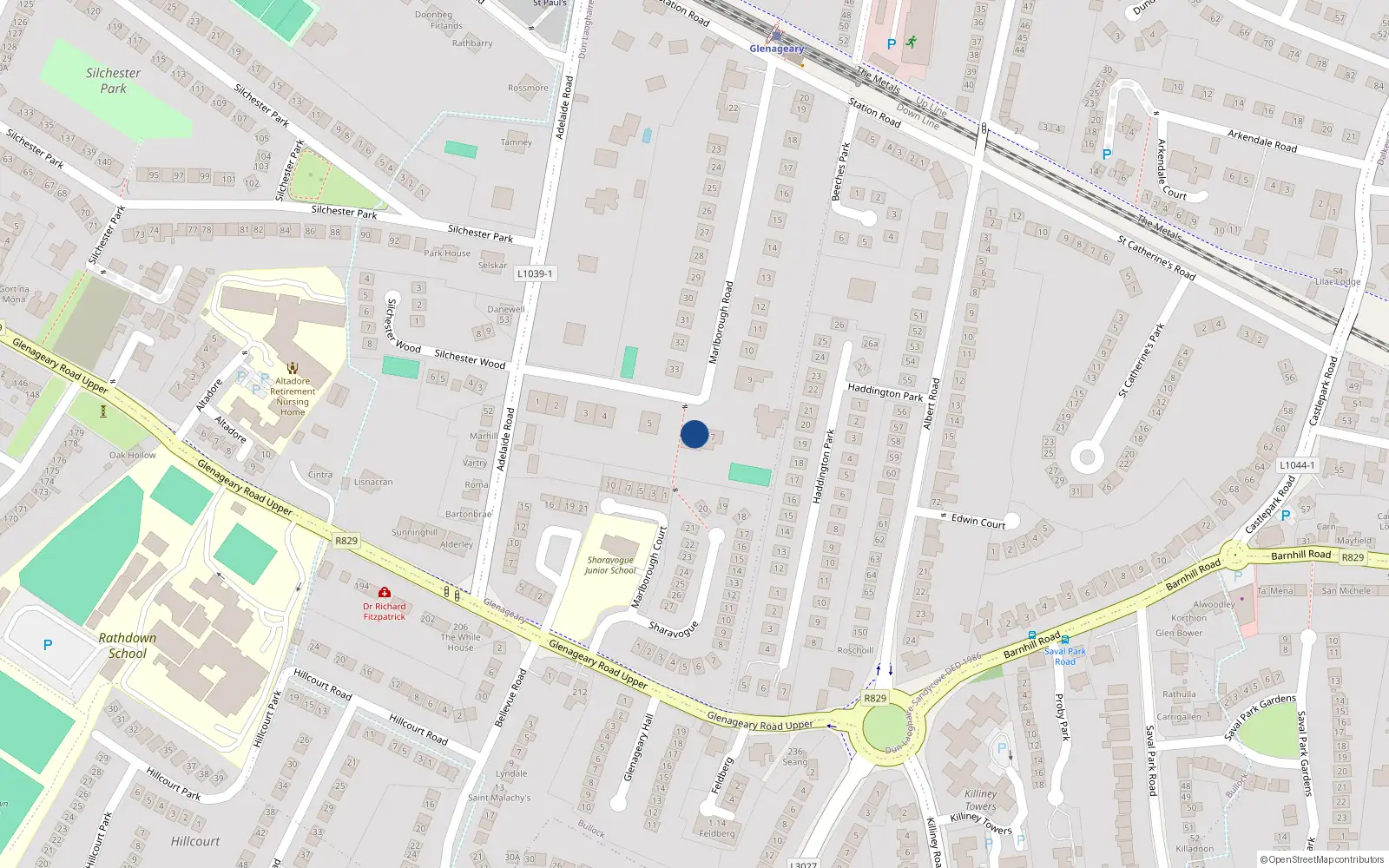 Overhead map showing the location of 6 Marlborough Road, Glenageary