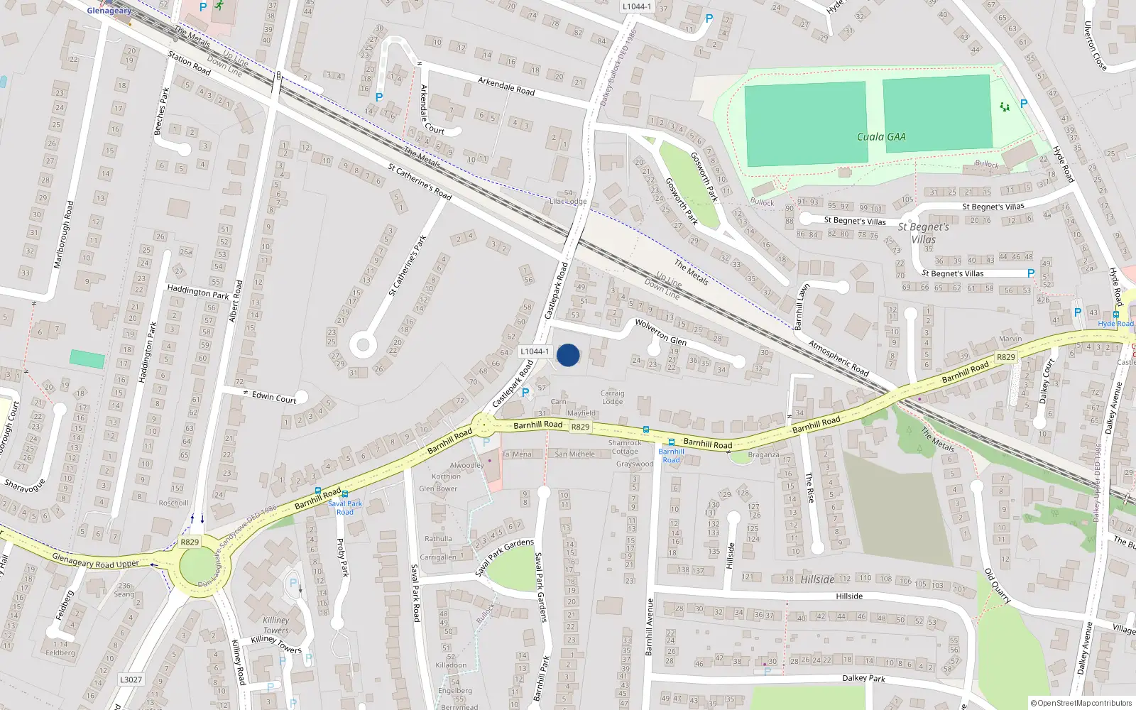 Overhead map showing the location of 55 Castle Park Road, Dalkey