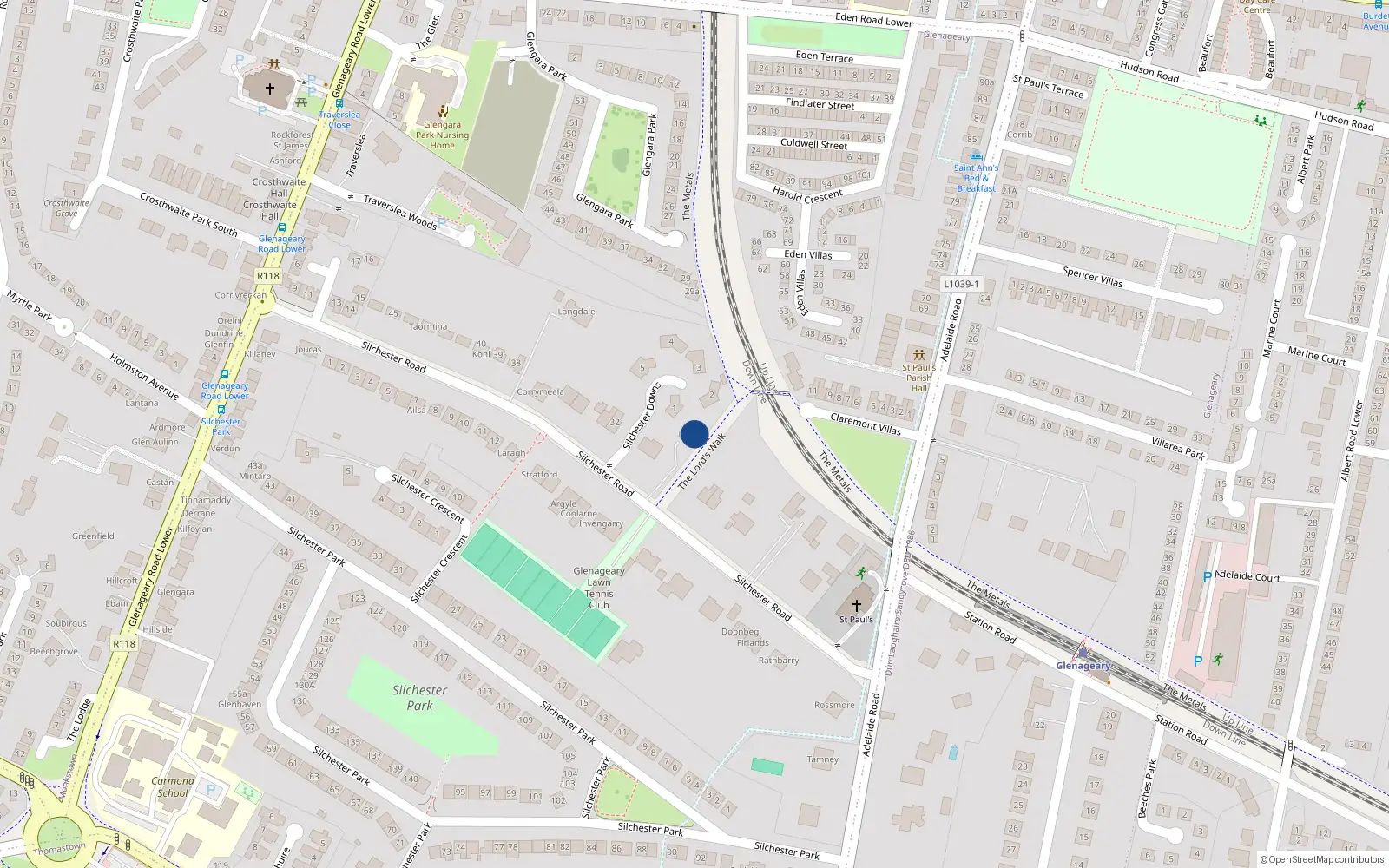 Overhead map showing the location of Silchester Road, Glenageary