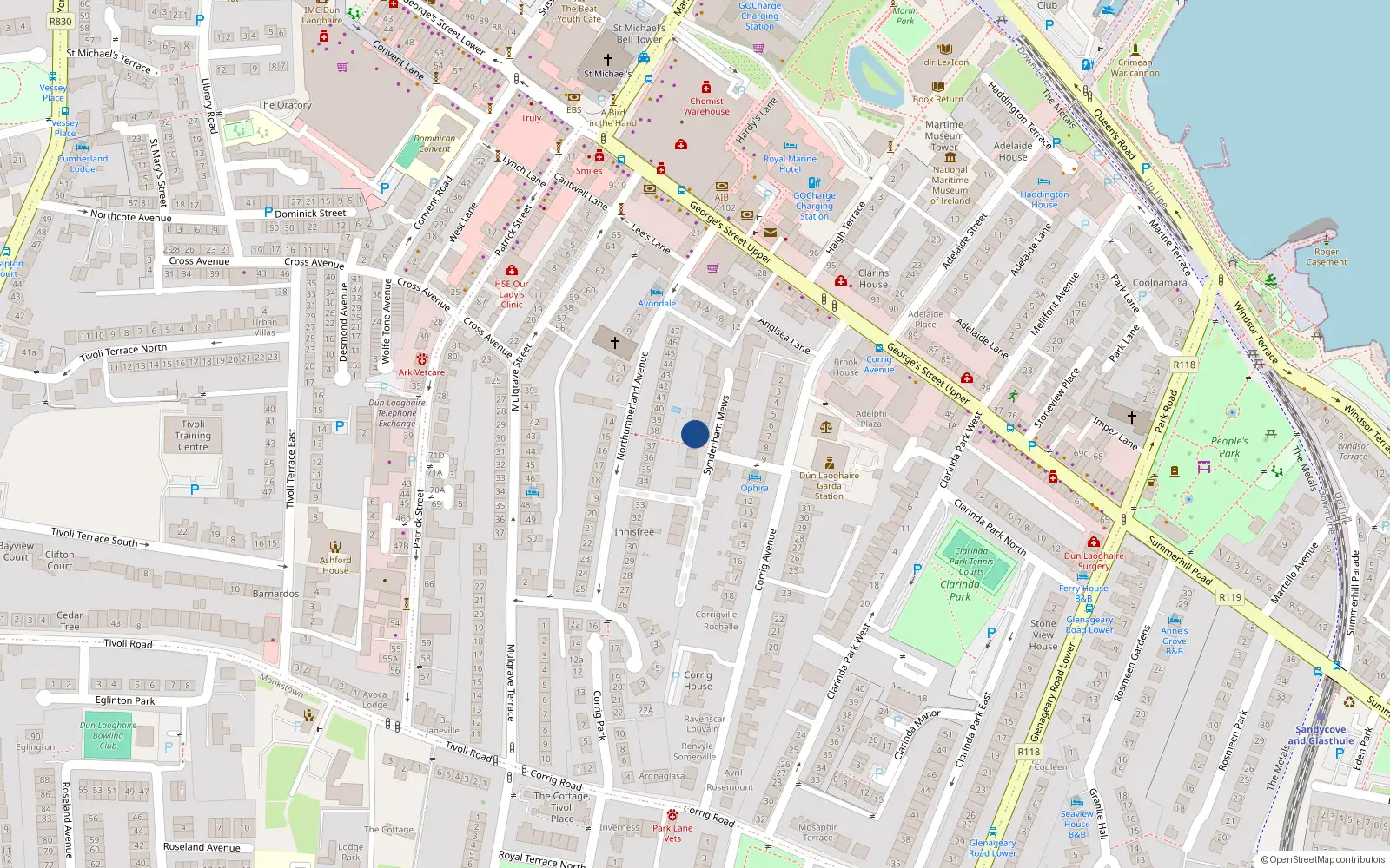 Overhead map showing the location of Dún Laoghaire, Dublin, Co. Dublin