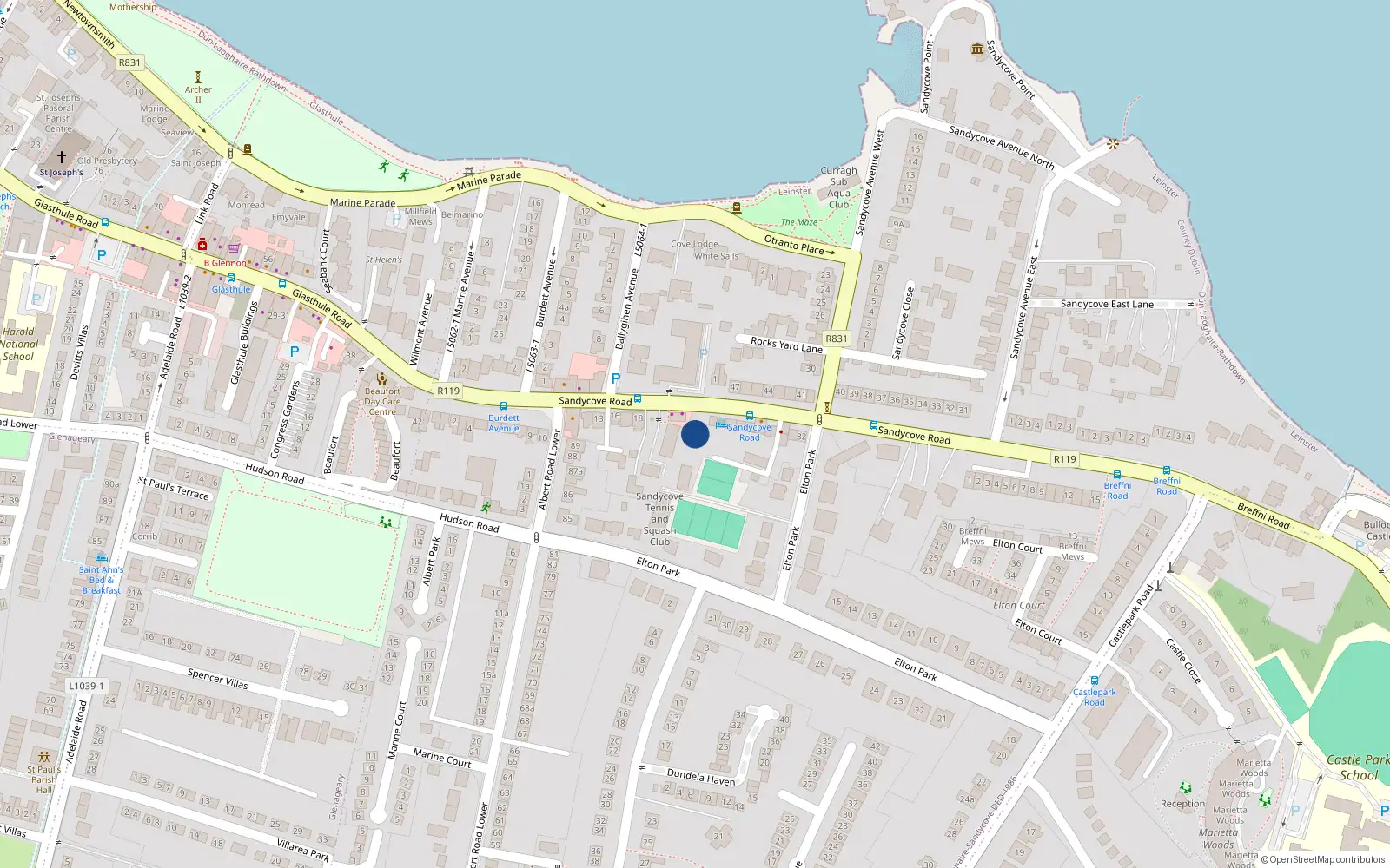 Overhead map showing the location of 21 Sandycove Road, Sandycove