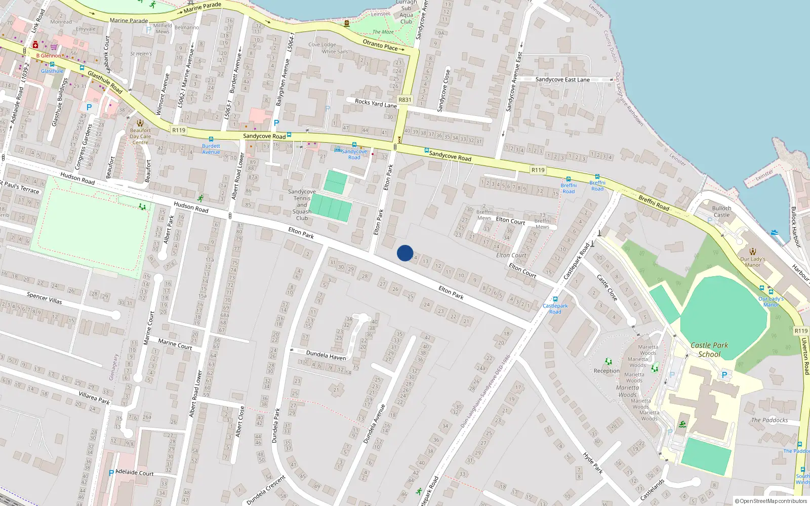 Overhead map showing the location of Lisheen, 15 Elton Park, Sandycove