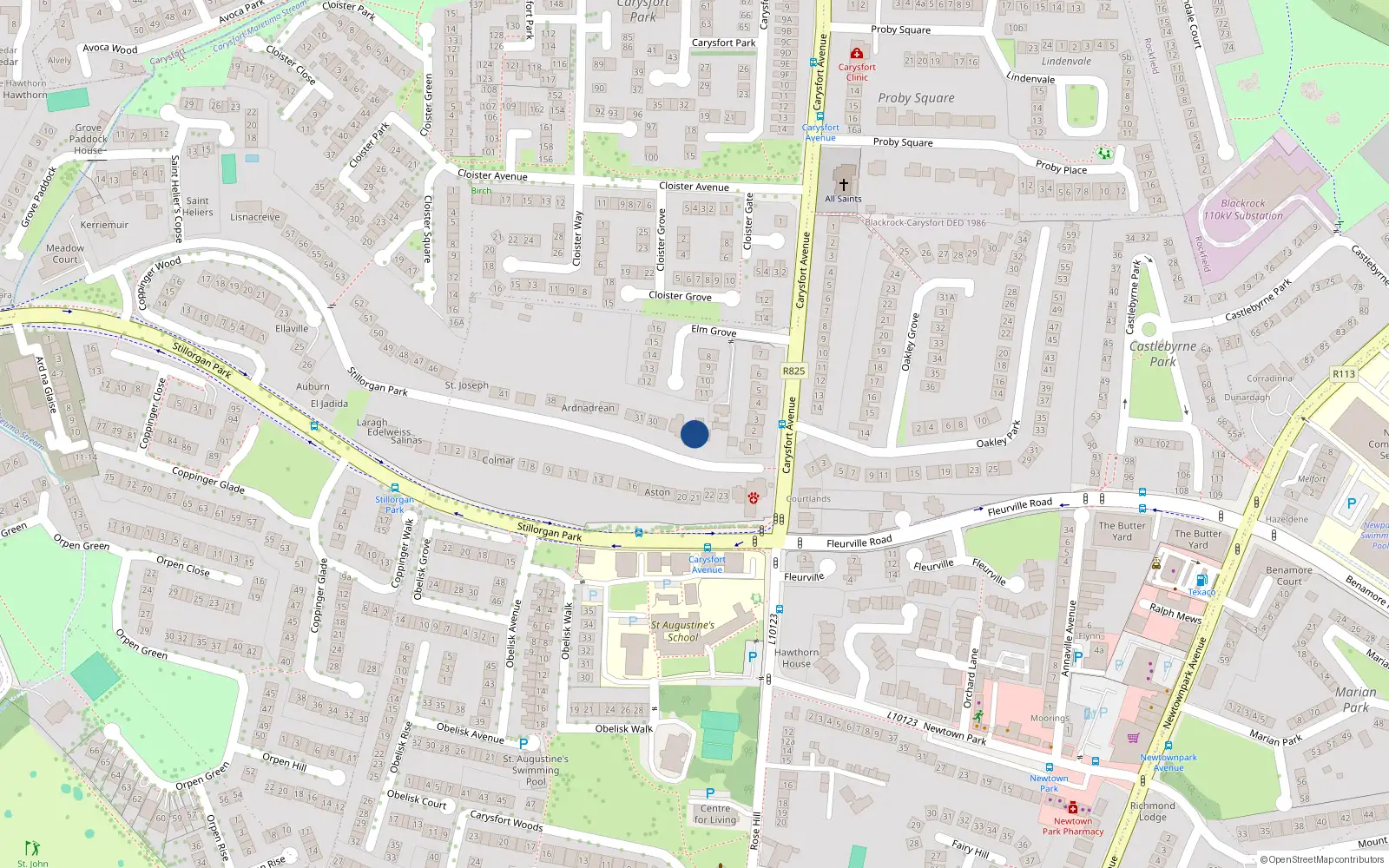 Overhead map showing the location of 27 Stillorgan Park, Blackrock