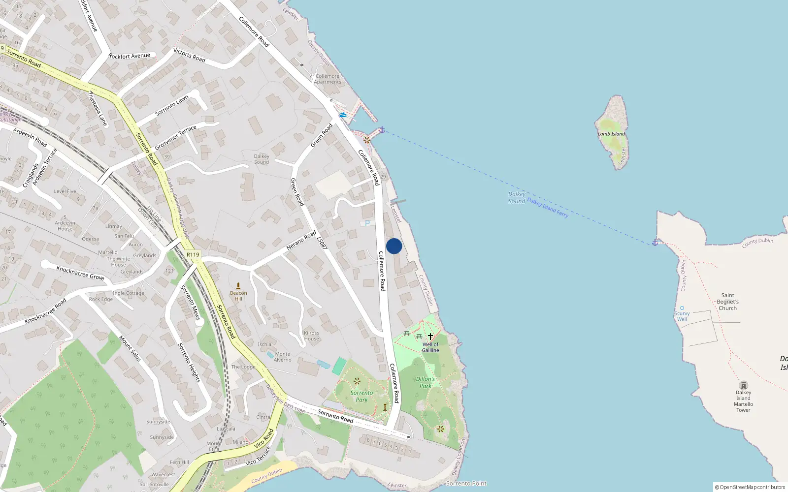 Overhead map showing the location of Lisnacarrig, 34A Coliemore Road, Dalkey