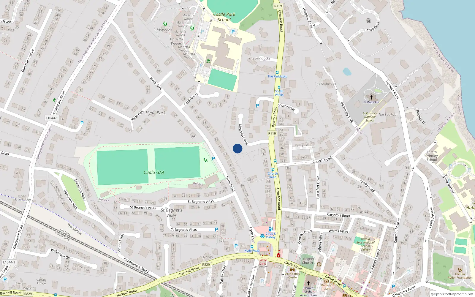 Overhead map showing the location of Ulverton Close, Dalkey