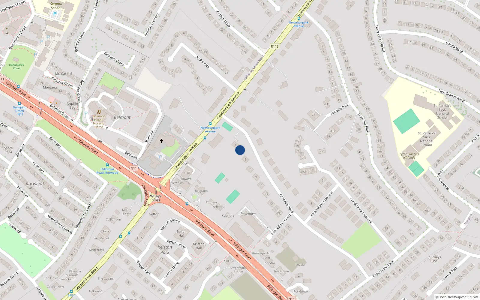 Overhead map showing the location of 3 Granville Road, Blackrock