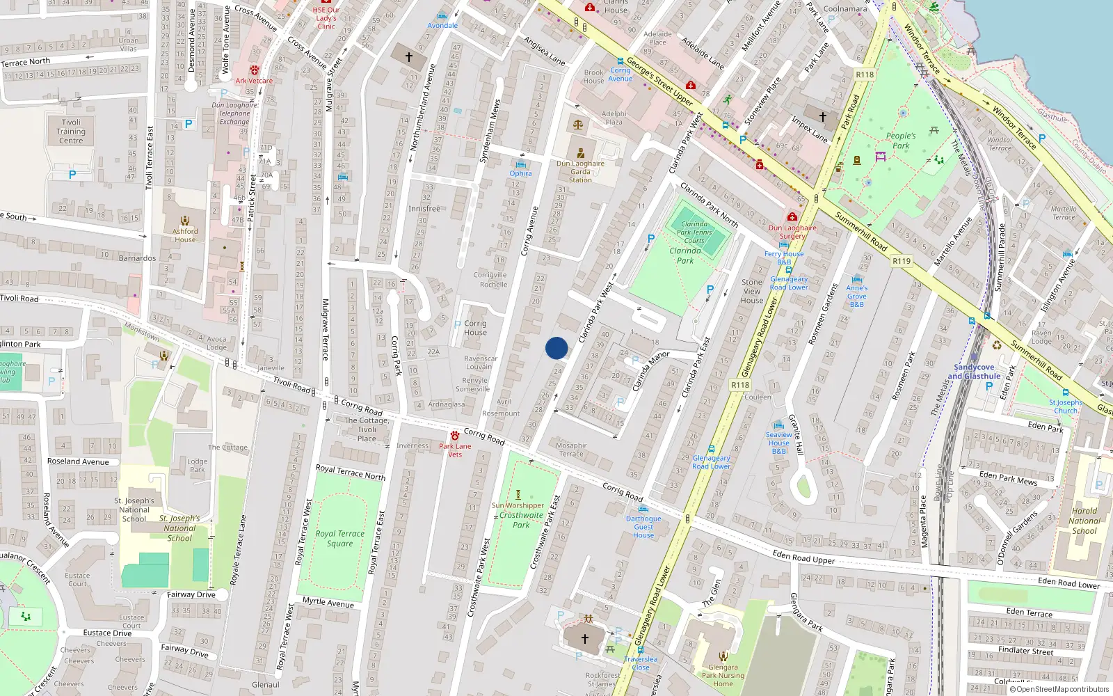 Overhead map showing the location of Little Harvard, Rere of 2 Crosthwaite Terrace, Dun Laoghaire