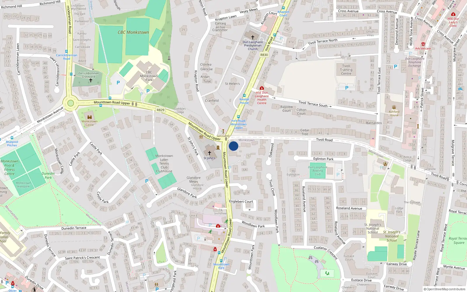 Overhead map showing the location of Monkstown, Dublin, Co. Dublin