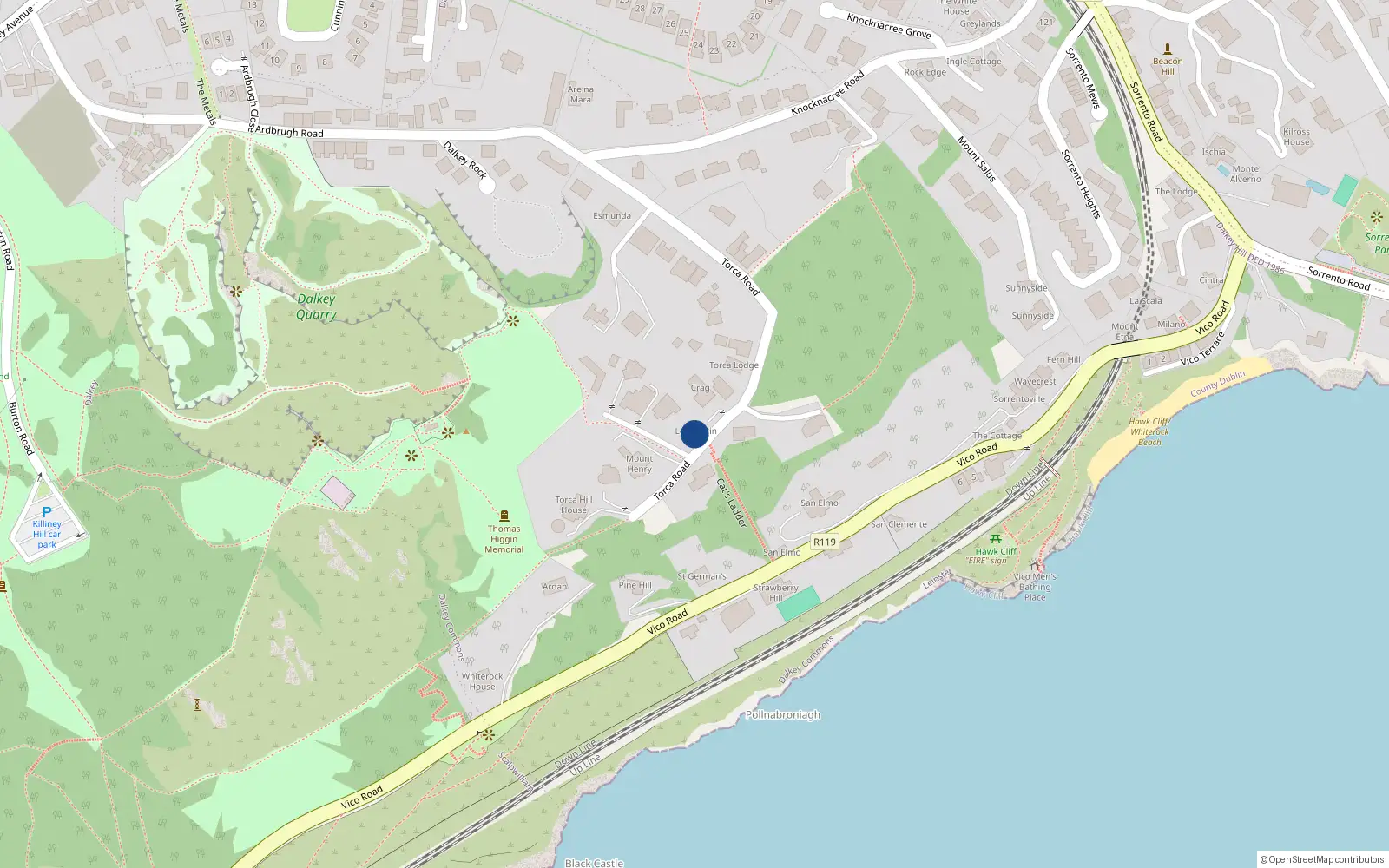 Overhead map showing the location of Torca Road, Dalkey