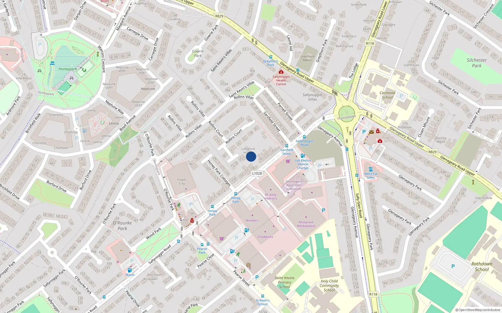 Overhead map showing the location of Honeypark, Dublin, Co. Dublin